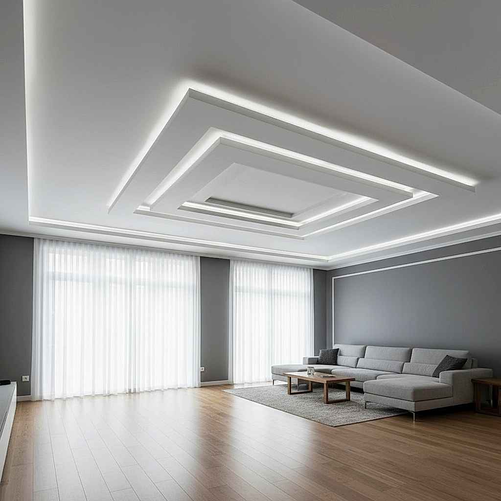 Modern Living room interior with gray walls, wooden floor and white ceiling, nook, and curtains with natural light from wi...